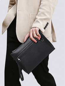 时尚男士手提包，黑色纹理手拿包，带拉链口袋，安全旅行手机钱包卡片现金收纳包，时尚商务男士公文包，2026 男士配饰，情人节礼物，送给男士/男友/丈夫 - 黑色 - 查看 1