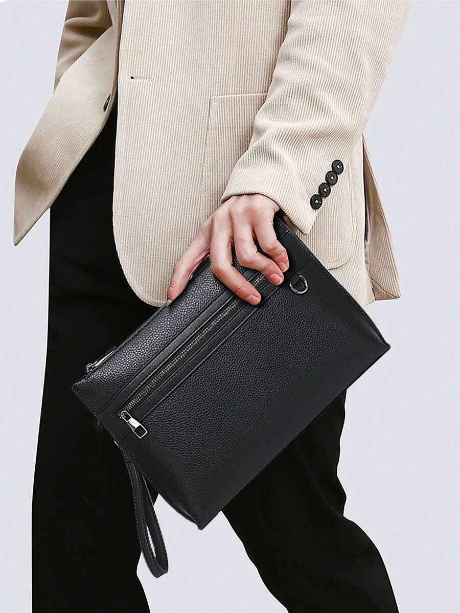 时尚男士手提包，黑色纹理手拿包，带拉链口袋，安全旅行手机钱包卡片现金收纳包，时尚商务男士公文包，2026 男士配饰，情人节礼物，送给男士/男友/丈夫 - 黑色 - 查看 1