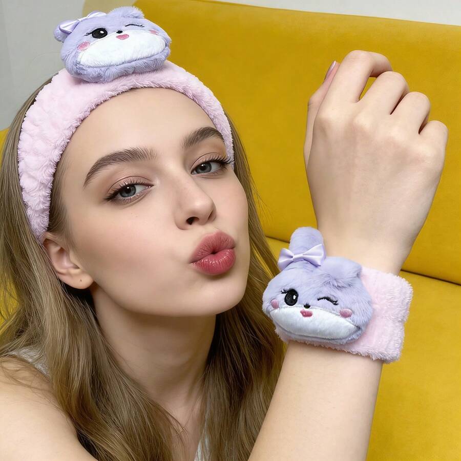 3件套Kpop偶像官方角色毛绒发箍套装——可爱熊耳和兔耳发箍，柔软弹力头巾，粉丝生日礼物 - 查看 1