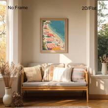 1幅夏季复古海滩油画，海岸海景墙饰，复古海岸艺术，复古沙滩伞图案，海岸墙饰，复古海滩油画，粉彩画，复古浴室装饰，少女公寓卧室装饰，无框 - 風景 - 查看 2