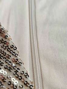 女士重工刺绣亮片V领扭褶腰长袖礼服，奢华星空派对礼服 - 香檳色 - 查看 3