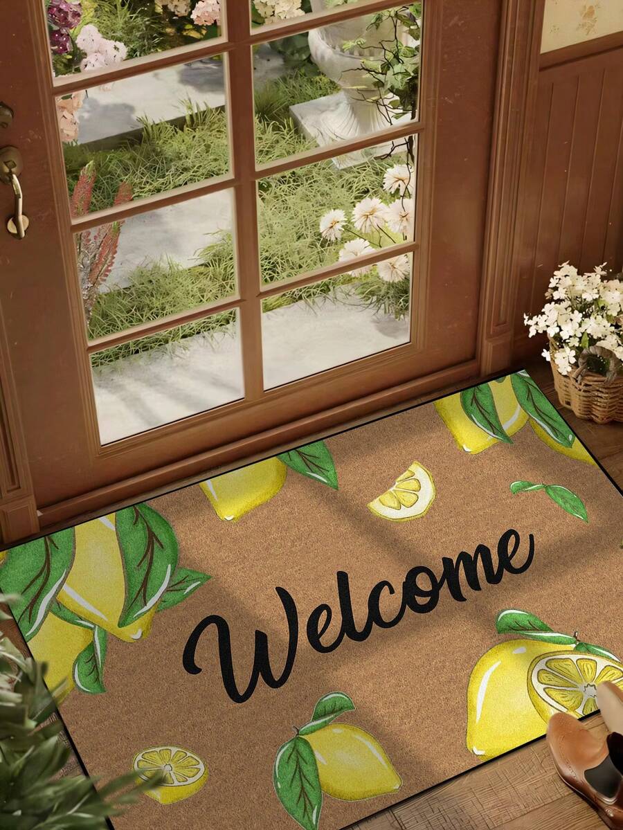 1pc Lemon & Green Leaf "Welcome" Pattern Doormat, Farmhouse Style Washable Polyester Fiber Mat, Suitable For Living Room, Kitchen, Bedroom, Entryway, Home Decor, Room Decor, All Seasons - 1PC - View 1