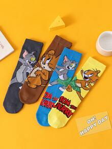 OBM Sleepwear X TOM & JERRY 4双猫鼠卡通图案男士中筒袜，可爱趣味设计，透气吸湿，适合学生/成人穿着，男女皆宜的夏季休闲袜，情侣礼物 - 彩色 - 查看 9