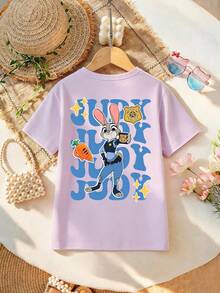 Disney Zootopia Officer Bunny Double-Sided Letter Print T-Shirt For Girls - Children's Clothing Design Short-Sleeve Casual Cute Style Comfortable And Relaxed Suitable For Boys And Girls, Perfect For Parties And Play Machine Washable Gift Children's Clothing Girls' Short-Sleeve Shirt - 淡紫色 - 查看 3