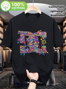 Camiseta Casual de Manga Corta para Hombre - Transpirable, de Secado Rápido, Suave, con Cuello Redondo y Estampado Gráfico de M Colorido, Camiseta Ligera de Verano para Atuendo Casual, Camiseta de Cuello Redondo para Uso Diario, Ajuste Cómodo - Negro - Ver 2