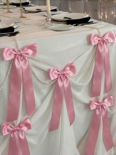 10Pcs Pink Satin Bows, Pre-Made Bows With 3m Faux Pearl Beads For Xmas Tree Garland, Wreath, Door, Fireplace, Indoor DIY Decor, Elegant Bow For Weddings, Showers, Gender Reveals, Birthdays, And Proposals