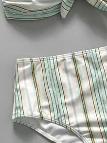 New Arrival Spring/Summer Beach Pool Party Fashion Sexy Striped Floral Bow Strapless Detachable Strap High Waist Tankini Swimwear For Women Vacation - Blue and White - View 6