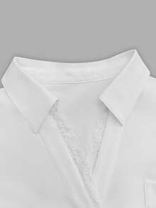 Áo sơ mi nữ dáng rộng, thời trang, thoải mái, cổ ren phối ren, vai rớt, túi trước, cổ tay xẻ, dành cho mùa xuân/hè. - trắng - Xem 8