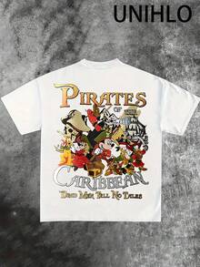 Disney UNIHLO  PIRATES OF  ARIBBEAN DrAD Man TuLL No TaLEs Print  Summer Casual Versatile Pure Cotton T-Shirt Suitable For Any Place - White - View 3