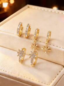 Elegant Celestial Gold Hoop Trio - Micro- Zirconia Starburst & Geometric Hoops | Versatile Party & Festival Wear Earrings - Yellow Gold - View 1