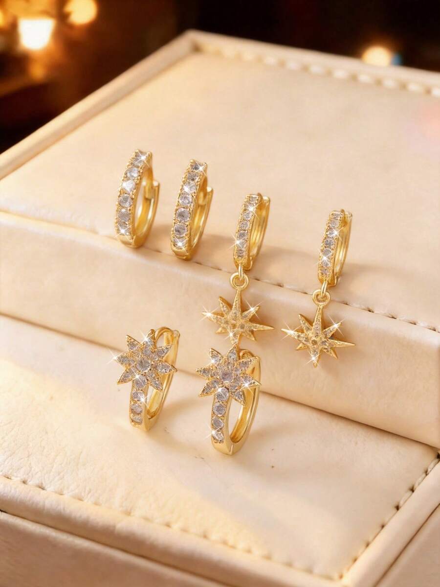 Elegant Celestial Gold Hoop Trio - Micro- Zirconia Starburst & Geometric Hoops | Versatile Party & Festival Wear Earrings - Yellow Gold - View 1