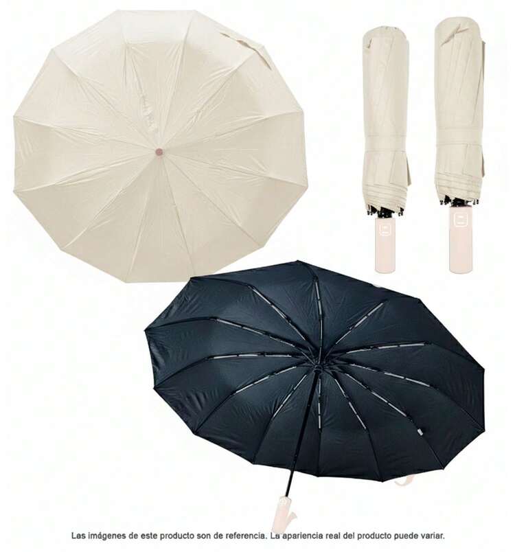 Paraguas Mango Largo Semiautomático Varillas Reforzadas Plegable Lluvia Sol Resistente Viento Multicolor Premium Unisex - Beige - Añade 1