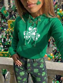 Women's Casual Clover & Four-Leaf Clover Print Round Neck Long Sleeve Sweatshirt Sweatshirt For St. Patrick's Day, Green Pullover Sweatshirt, Holiday Outfit Spring - Green - View 4