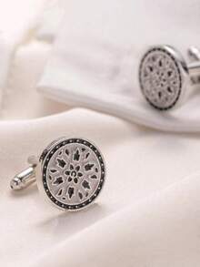 2pcs Round Flame Lacquered Cufflinks, Versatile Business Shirt Sleeve Studs For Men - Silver - View 2