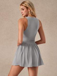 NcmRyu 1 Set Women's Half Zip Sleeveless Ruched Skirt Hem Anti-Flashing Safety Shorts Built-In Pocket Tennis Dress - Grey - View 10