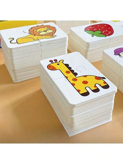 32 Piece Set Animal And Fruit Themed Educational Match Puzzle Flash Cards For Children, Cognitive Skills Development Toy, Suitable For 3-8 Year Olds(Random Style)
