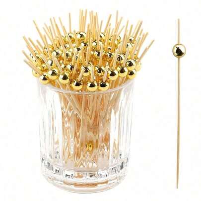 200/100/75/50/25/5pcs Gold Faux Pearl Bamboo Skewers, 4.7 Inch Wooden Fruit Picks For Party, Birthday, Wedding, Club, Fruit, Cupcake, Burger, BBQ, Appetizer, Tabletop Decor, Dessert Garnish, & Hygienic