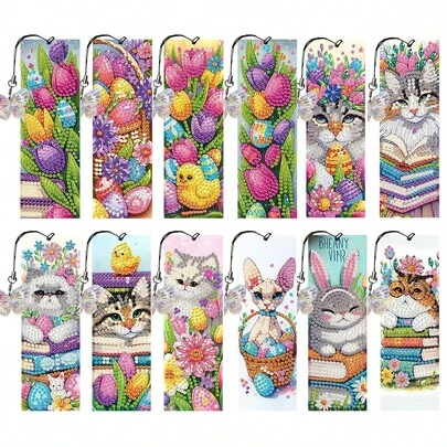 12件/套 DIY钻石画书签 - 郁金香和小猫图案，多色马赛克装饰