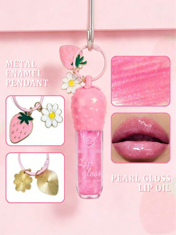 1 pieza Aceite labial con colgante de fresa - Brillo labial portátil con brillo sutil y aroma dulce, hidrata y agrega un tono brillante, accesorio de bolso lindo, ideal para regalar