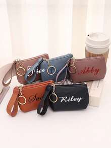 1pc Customized PU Leather Mini Wallet, Personalized Name, Slim Zipper Coin Purse - Multicolor - View 4