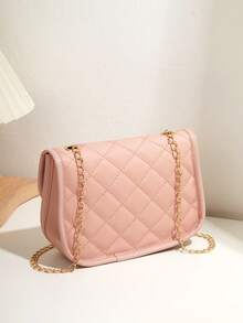 Mini Diamond Quilted Chain Strap Minimalist Shell Bag, Suitable For Daily Wear - Pink - View 2