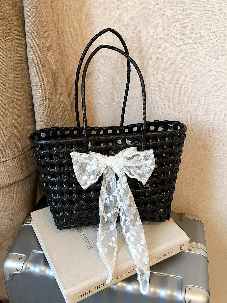 休闲时尚蕾丝蝴蝶结手提包，大容量单肩手提包，田园风编织敞口包 - 黑色 - 查看 1
