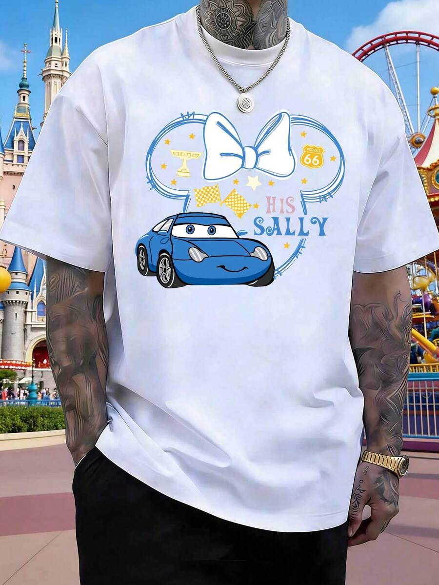 Disney Sally Racing Minnie Mouse Butterfly Pattern T-Shirt, Casual Loose Round Neck Short-Sleeved Top, Unisex, Couple's Outfit, Suitable For Outings, Outdoor Sports, Parties, Dates, Men's Clothes. - White - View 1