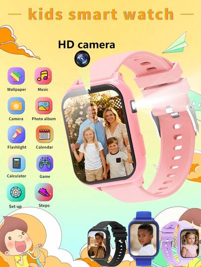 热门儿童礼物推荐，300mAh，2025新款儿童智能手表，儿童游戏手表，内置18款趣味游戏，1.83英寸触摸屏，超低功耗芯片，计步器，拍照，手电筒，闹钟提醒，相机，相册，日历，倒计时，计算器，秒表，手电筒，300mAh