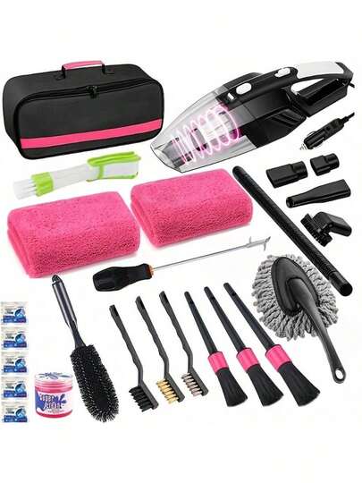 25pcs Car Cleaning Wash Kit Interior Detailing Set With High Power Handheld Vacuum Windshield Tool Gel Tire Brush Complete Car Care Tools Gift Kit