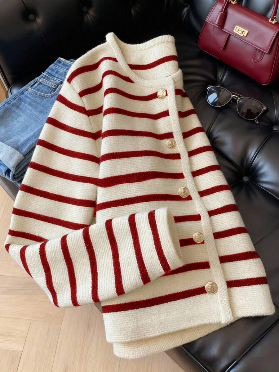 Elegant Striped Crew Neck Knit Cardigan, Versatile Fashion Casual Sweater, Retro Commuter Jacket For Women, Autumn - Red - View 1