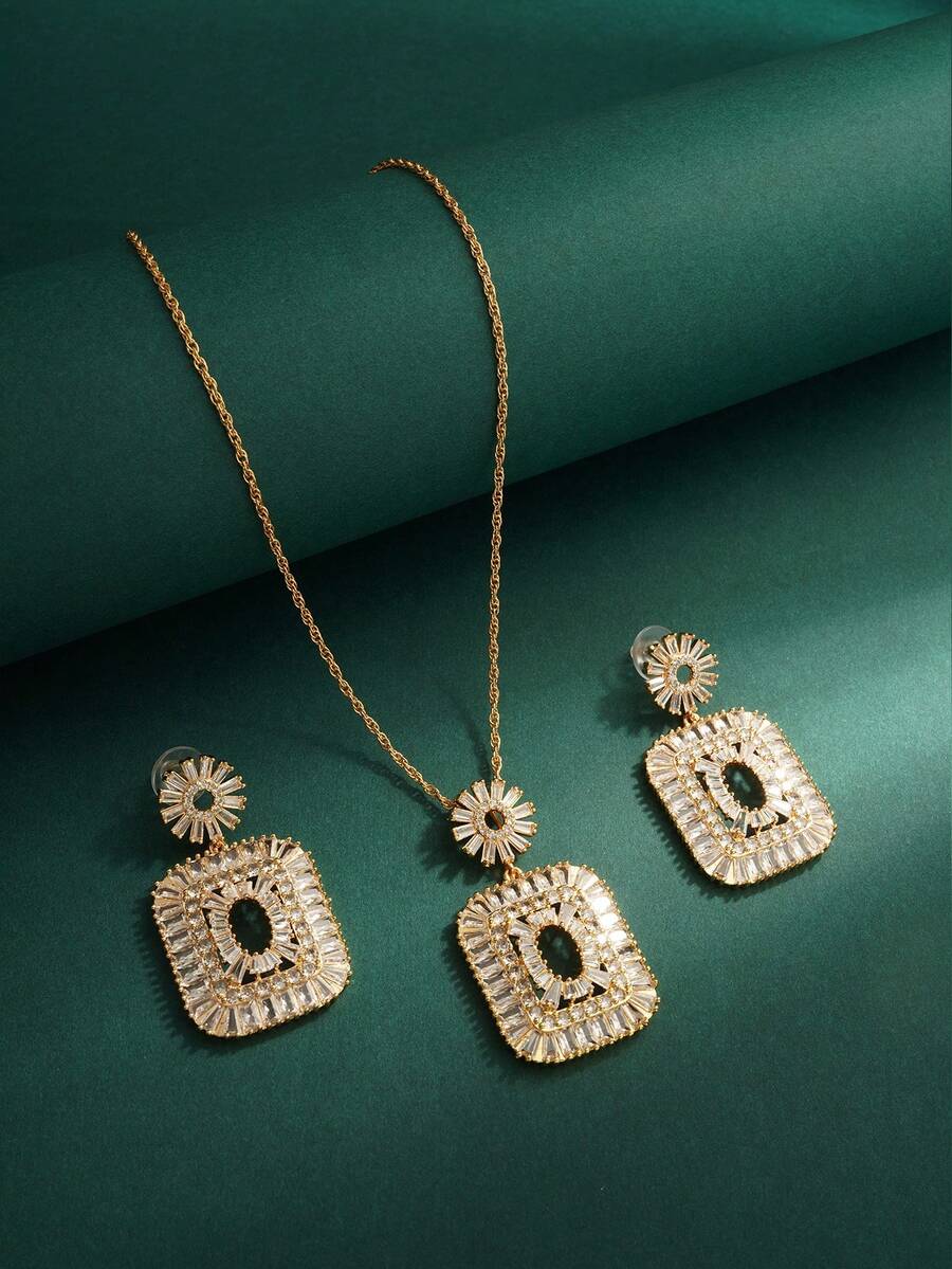 2 Pieces Middle Eastern Dubai New Bride Jewelry Set: Square White Zirconia Necklace And Earrings, Suitable For Women's Daily, Party, Evening Wear, High-End Necklace And Earring Set - Necklace and Earrings - View 1
