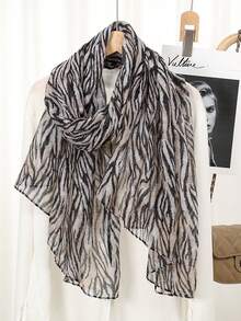 1条新款夏季巴厘岛薄纱斑马纹围巾，女士穆斯林头巾，轻薄优雅长款头巾，日常旅行拍照，防晒披肩，家庭度假礼物 - 彩色 - 查看 16