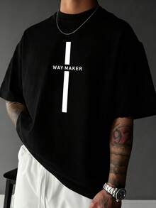 Herren lässiges, weites T-Shirt mit Buchstaben-Muster, kurzärmlig, bequem und geeignet für Outdoor-Sport, Laufen und täglichen Casual-Stil, Schwarz - Schwarz - Übersicht 2