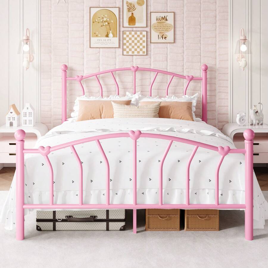 Allewie 14 Inch Twin/Full/Queen/King Size Metal Platform Bed Frame With Heart-Shaped Headboard And Footboard/Iron-Art Mattress Foundation/Under Bed Storage/No Box Spring Needed/Easy Assembly/Noise-Free/Pink - 粉色 - 查看 1