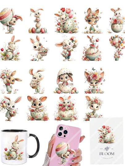 3 feuilles d'autocollants de transfert par frottement DIY UV DTF avec lapins de Pâques fantaisistes et fleurs. Artisanat, journal de bric-à-brac, bocaux de verres à café, emballages de tasses, bouteilles, vases, étuis de téléphone portable, cartes de vœux, illustration, scrapbooking, autocollants de transfert pour ornements, décoration d'intérieur, 6,8 cm