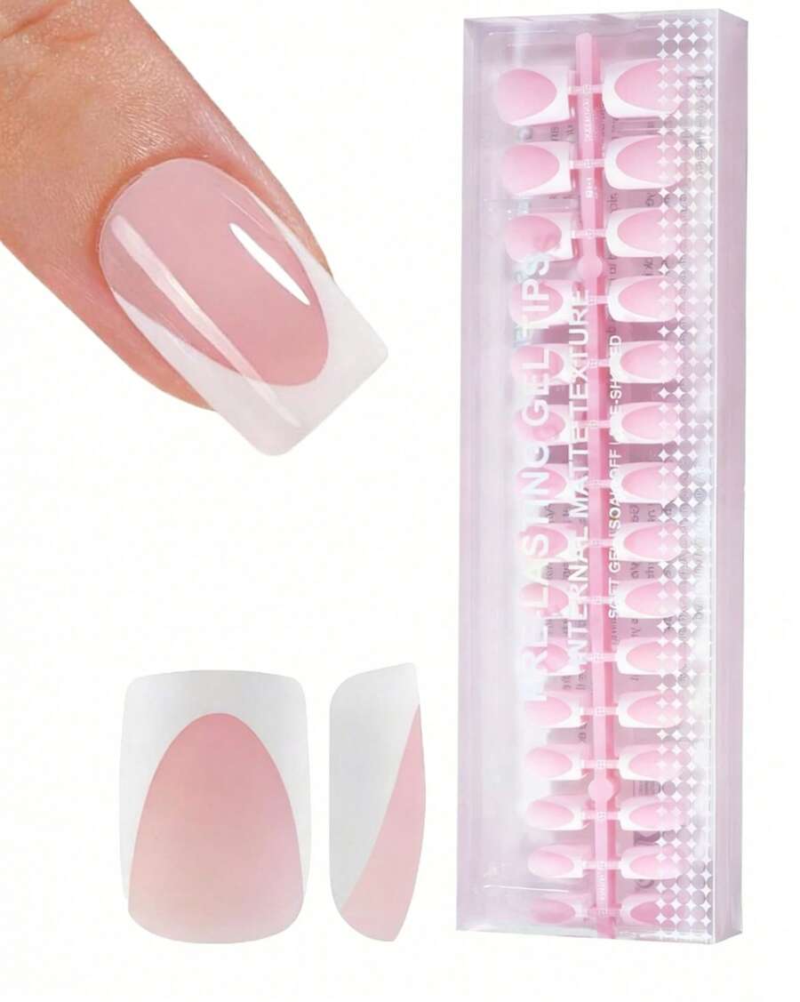 150Pcs Short Square French Gel Nails, Light Pink Deep French Tip Press On Nails, Soft Gel Acrylic Nail Extensions, Manicure Kit Women & Girls - màu nâu - Xem 1