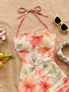 Robe mini bohème à imprimé floral sans manches avec bretelles spaghetti pour femmes, robe moulante sans manches avec cordon de serrage et fente à l'ourlet, style vacances élégant d'été - Multicolore - Voir 3