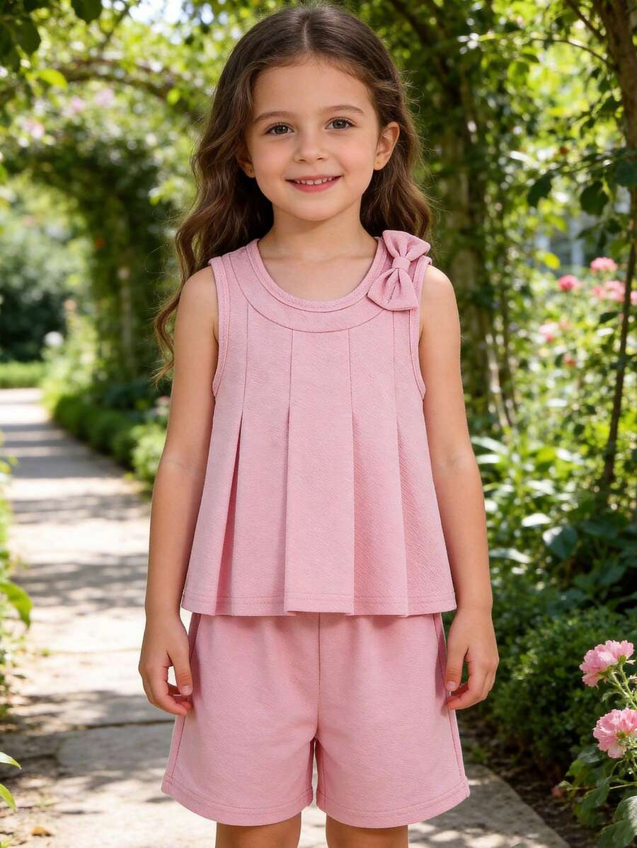 2 Stück/Set Lässig Dopamin Outfit für Kleine Mädchen, süßer Stil mit 3D Schleife Design Rundhals rosa Trägerhemd und weite Shorts Set, Frühling/Sommer - Pink - Übersicht 1