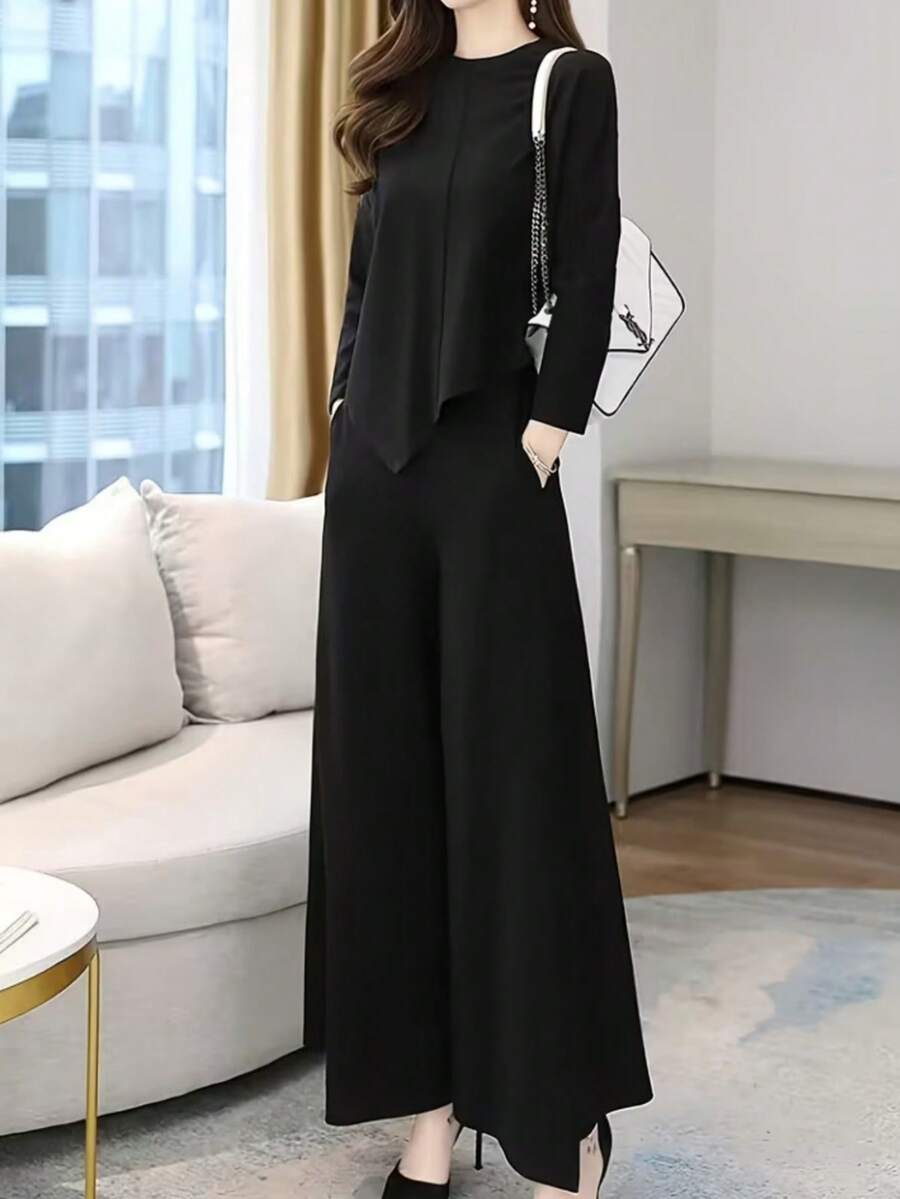 2026 Spring New Minimalist Asymmetrical Two-Piece Set – Flowy Waist-Cinching Top + Wide-Leg Trousers, Elegant Modern Luxury Women's Suit - màu đen - Xem 1