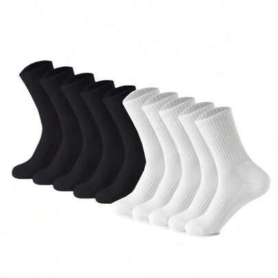 10 Pairs Minimalist Black & White Solid Color Casual Socks, Comfortable & Versatile For Business, Sports, Autumn/Winter, Unisex Couple Socks, Great Gift For Valentine's Day