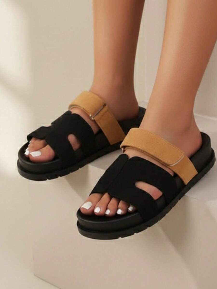 Women's Adjustable H-Logo Slide Sandals, Fashionable Spring Slippers - Black - View 1