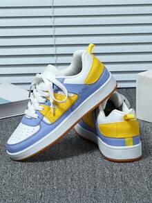 新款彩色拼接男士休闲运动鞋，平底舒适百搭TPR鞋底，无印花户外运动滑板鞋，男女皆宜，四季皆宜，适合日常通勤和旅行。 - 白淺紫黃 - 查看 3