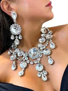 一套夸张水晶水滴吊坠项链和耳环套装，女士奢华派对晚礼服首饰 - 銀色 - 查看 1