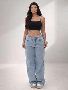 Women's Light Blue Wide Leg Jeans, Light Wash, Streetwear Fashion Y2K - Rửa nhẹ - Xem 3