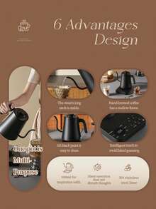 OCTAVO 1200瓦电动鹅颈壶，不锈钢手柄，34盎司（约1升）容量，适用于手冲咖啡和茶，不锈钢无缝内胆，温度控制，快速加热 - 黑色 - 查看 7