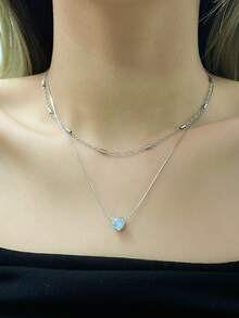 2件套时尚百搭锆石心形叠戴项链，简约锁骨链，女士款 - 銀色 - 查看 1