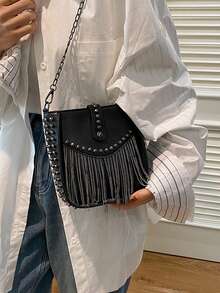 Bucket Bag, European And American Motorcycle Style Tassel Bag, Fashion Shoulder Crossbody Bag, Rivet Phone Bag - Black - View 3