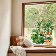 Plantes en pot verdoyantes, autocollants de fenêtre avec papillons et chats, décalcomanies florales colorées à accrocher sur le verre pour la maison, la décoration de la chambre des enfants - T3315 - Voir 3