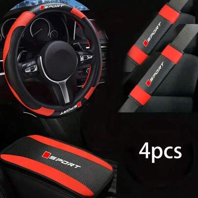 4pcs Carbon Fiber Pattern Leather Steering Wheel Cover, Gear Shift Knob Cover, Armrest Box Pad Set, Universal For All Seasons Car Interior Accessories