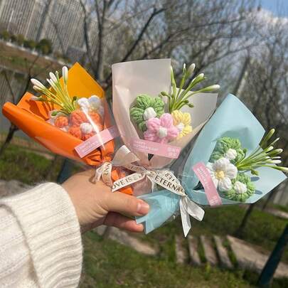 针织迷你花束 创意手工钩编人造花 母亲节礼物 婚礼派对 家居装饰